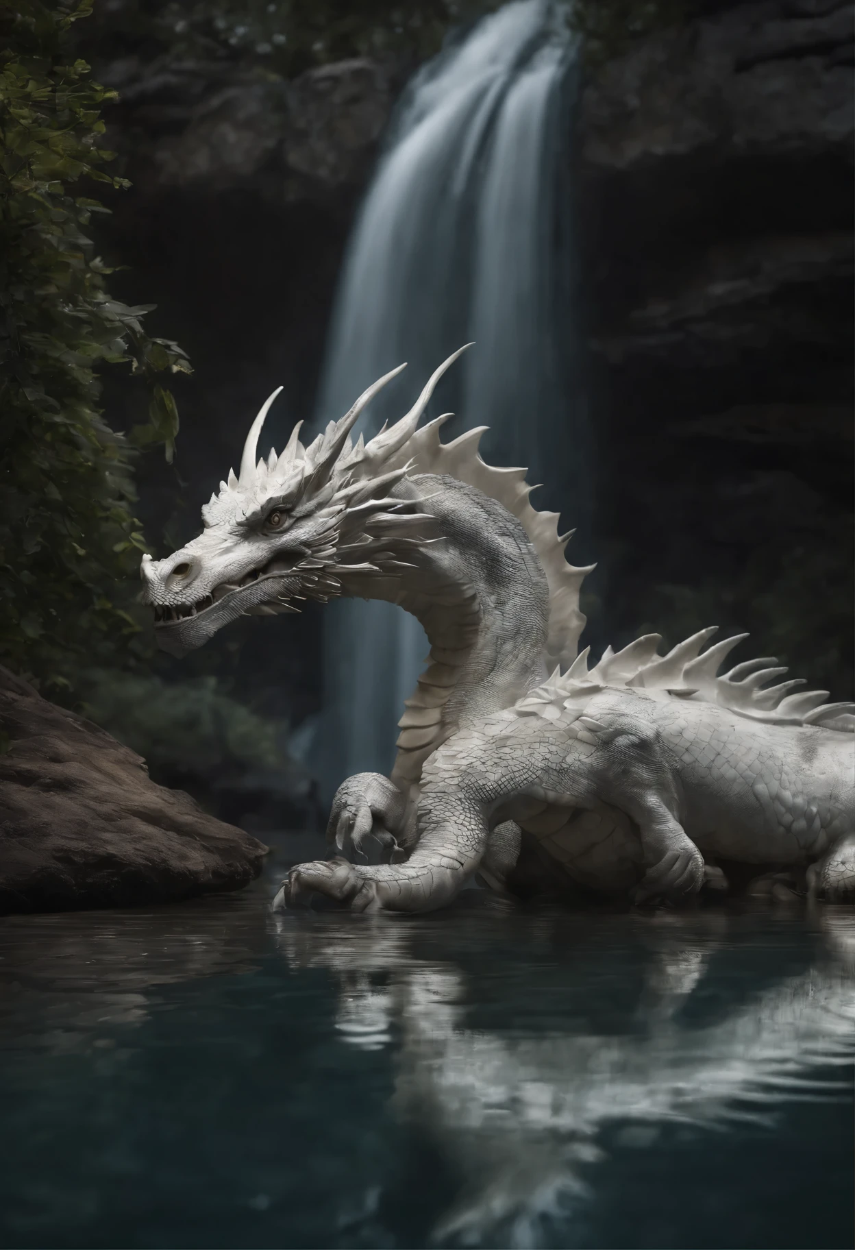 Masterpiece,4k realism, ((((1white dragon, lake and water, Best quality, Masterpiece, Ultra-high resolution, (photograph realistic:1.4), surrealism, Dream-like,fusionart, Shadowdancer, shadow magic, darkness control, stealth, shadowstep, umbral spells, hidden blade,,)),,), digital art, hyper-realistic 8K