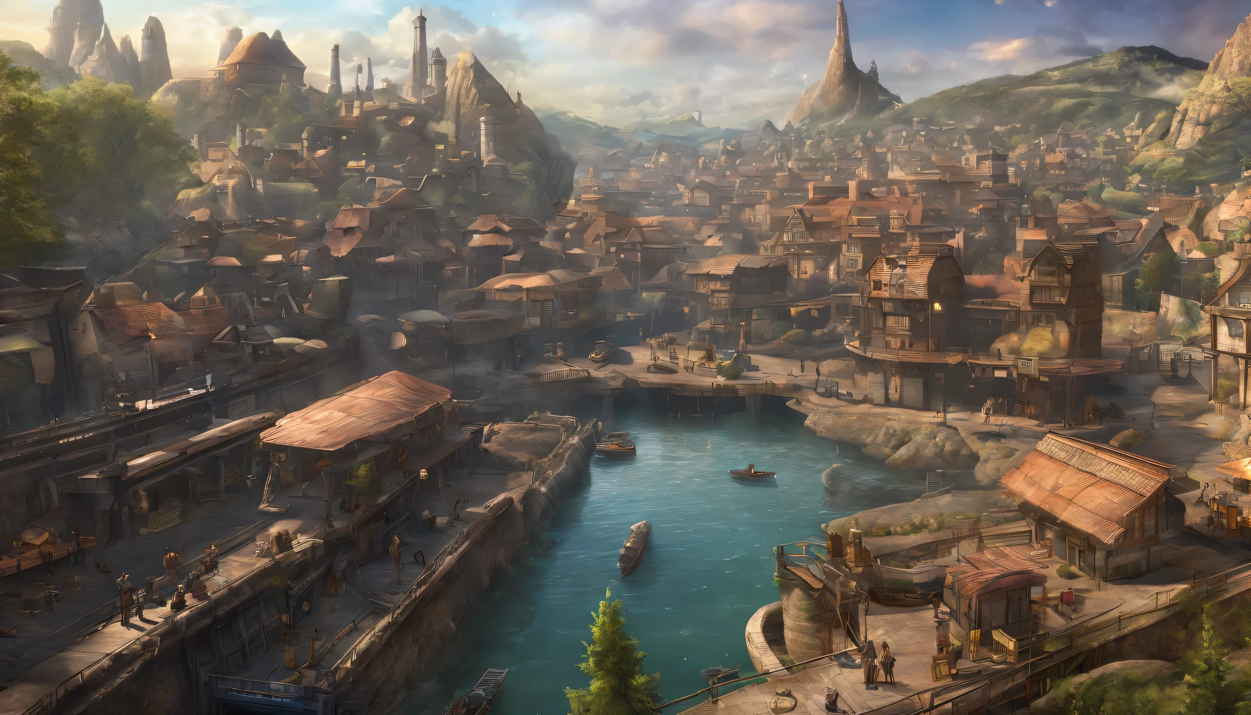 View from the roof of the house,underground city,Dwarf City,Amethyst on the ceiling,gold mine,Underground Mining City,Semi-steampunk and fantasy mix,Water pipes running through the city,(highest quality,4K,8k,High resolution,masterpiece:1.2),Very detailed,(Realistic,photoRealistic,photo-Realistic:1.37),Portraiture,landscape,Horror,anime,Science fiction,photograph,Concept Artist,Vibrant colors,Studio Lighting