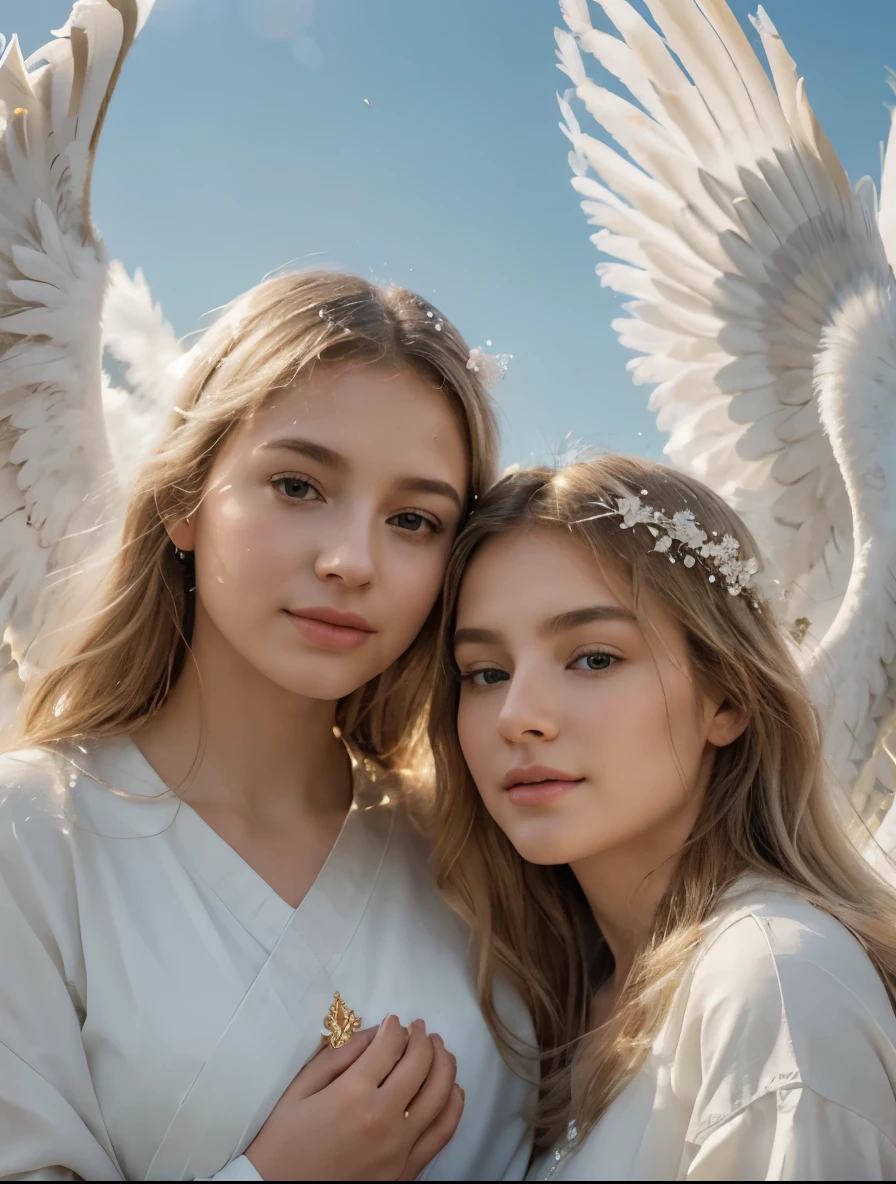 best quality,4k,8k,highres,masterpiece:1.2),ultra-detailed,(realistic,photorealistic,photo-realistic:1.37),white-winged angels,portraits,soft lighting,angelic faces,golden halos,flowing white robes,heavenly glow,graceful poses,sublime beauty,ethereal atmosphere,divine beings,pure and divine colors,sacred surroundings,luminous white feathers,serene expressions,holy radiance,heavenly garden,peaceful and serene background,heavenly choir,sun-kissed faces,cherubic smiles,angelic presence,eternal peace and tranquility,celestial harmony.
