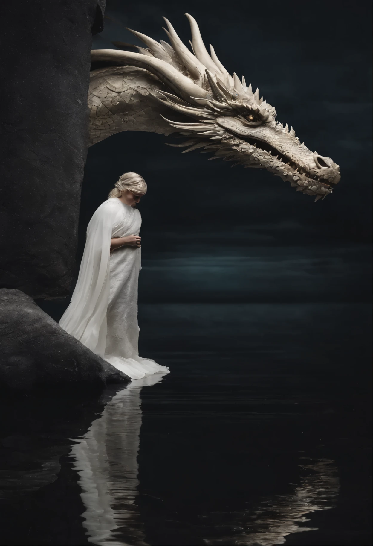 Masterpiece,4k realism, ((((1white dragon, lake and water, Best quality, Masterpiece, Ultra-high resolution, (photograph realistic:1.4), surrealism, Dream-like,fusionart, Shadowdancer, shadow magic, darkness control, stealth, shadowstep, umbral spells, hidden blade,,)),,), digital art, hyper-realistic 8K