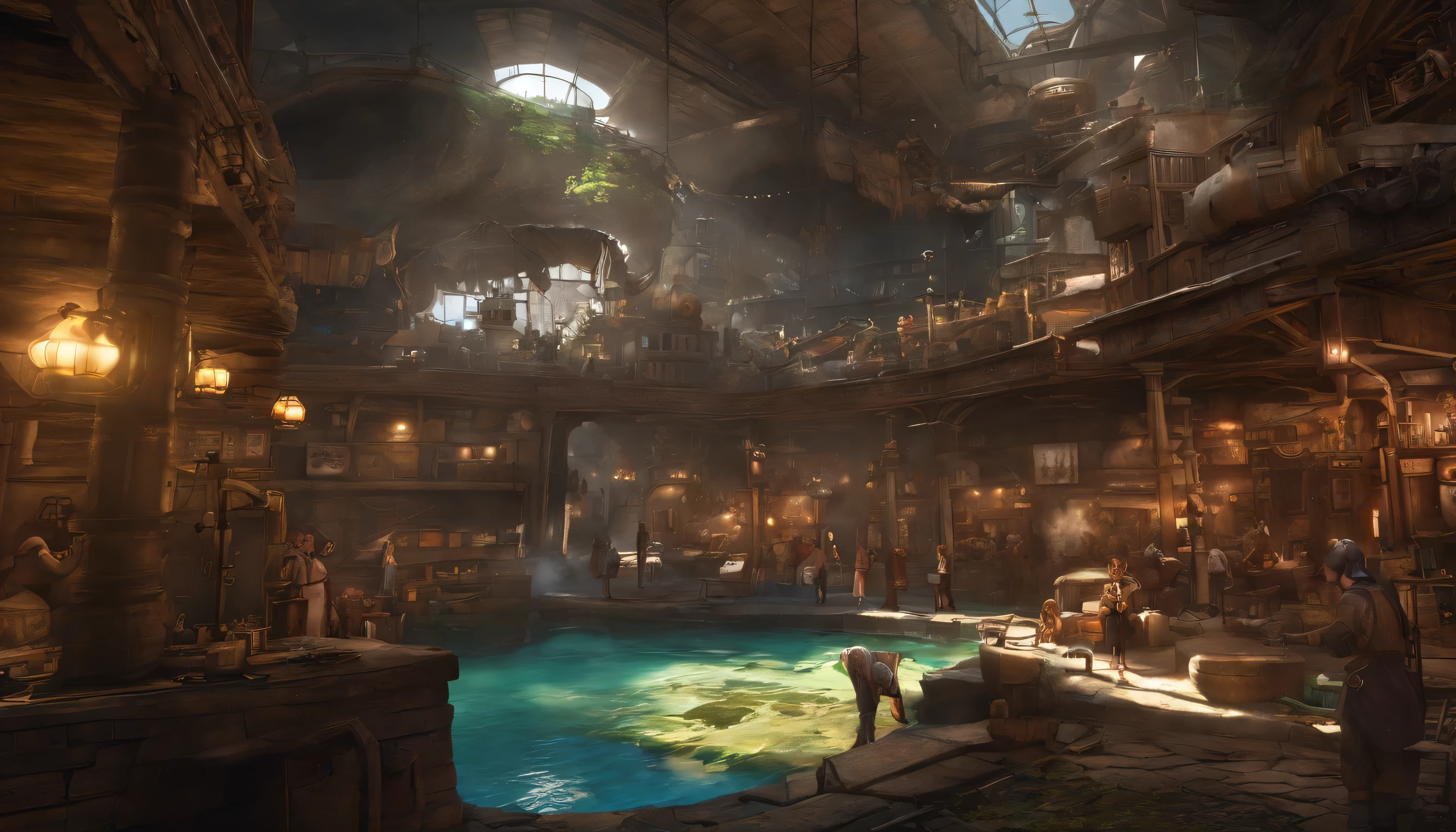 View from the roof of the house,underground city,Dwarf City,Amethyst on the ceiling,gold mine,Underground Mining City,Semi-steampunk and fantasy mix,Water pipes running through the city,(highest quality,4K,8k,High resolution,masterpiece:1.2),Very detailed,(Realistic,photoRealistic,photo-Realistic:1.37),Portraiture,landscape,Horror,anime,Science fiction,photograph,Concept Artist,Vibrant colors,Studio Lighting