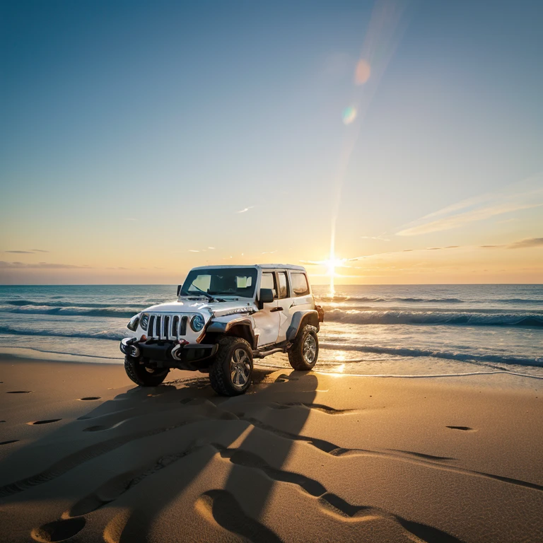 (Masterpiece: 1.1), Stunning landscape, White lifted jeep, sun-kissed beach, Fine sand, clear blue water, shallow depth, golden hour lighting, Highly detailed, Ultra-realistic, Detailed textures, Photorealistic: 1.5, Perspective view, (Sand flying: 0.7), Lens flare effect, Adventurous pose, Lifelike, Crisp, Best quality, Ultra HD, Clear, Perfect focus, (Water droplets: 0.5), (Sunset: 0.9), Beachside setting, Jeep's tire tracks, Deserted, Seaside getaway,