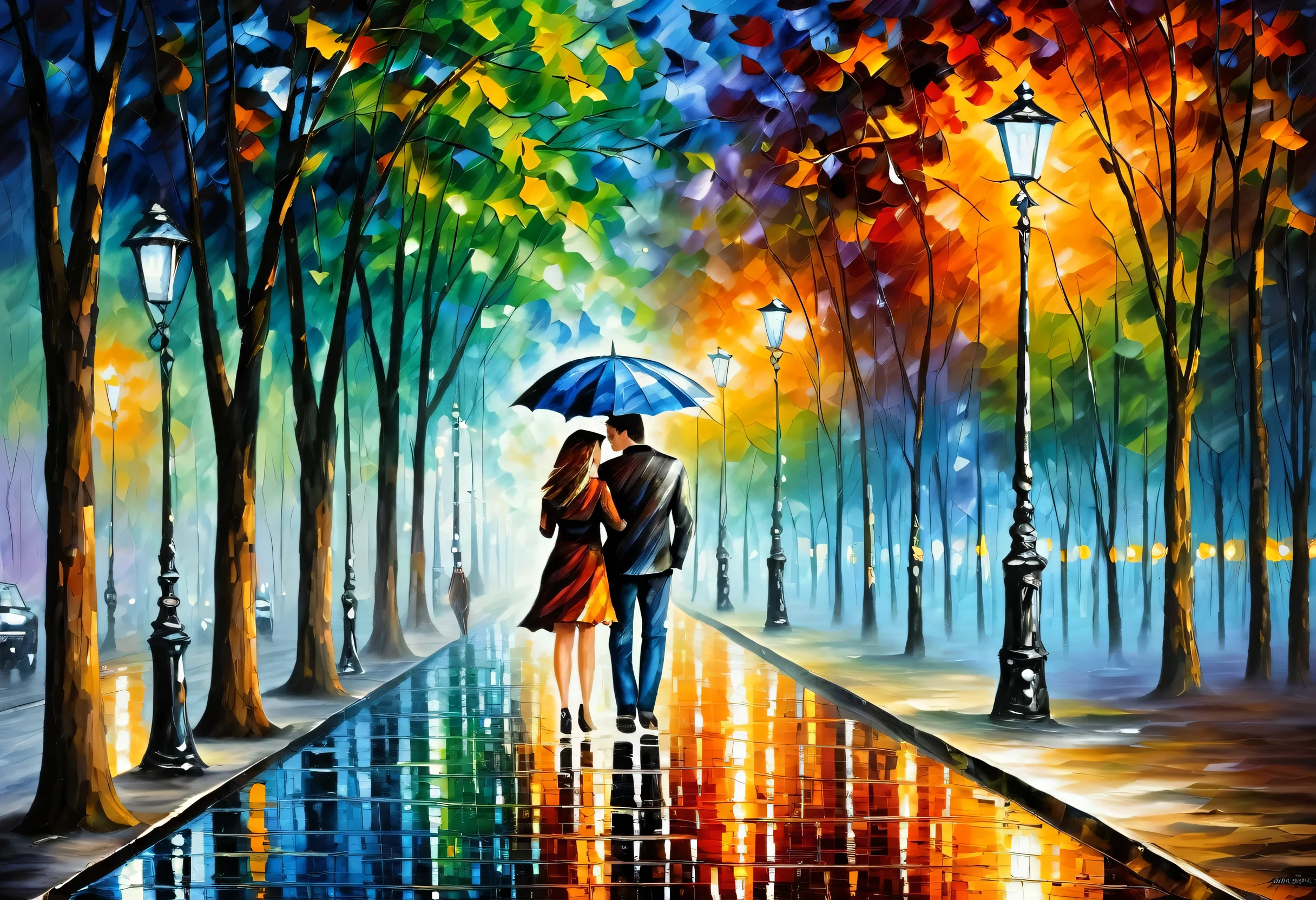 A couple walking down the street with an umbrella, Art paintings inspired by Leonid Afremov, Pixabay, Romanticism, Afremov, Afremov leonid, style of leonid Afremov”, romantic paintings, leonid Afremov and tim white, Colorful oil painting, Artistic painting, style of leonid Afremov