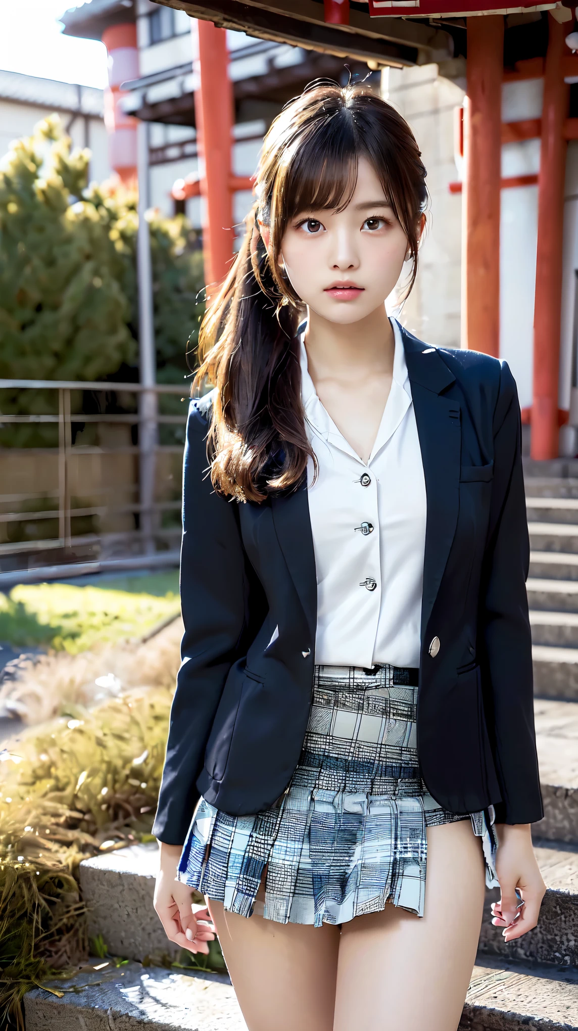(Beautiful and detailed skin,Perfect Anatomy),At dusk,Sunset sky,14 years old,cute,Black Hair,ponytail, full body shot, Beautiful detailed girl, Highly detailed face, Detailed beautiful eyes, ((Japanese Girls, High , School Blazer:1.5)), City stairs、looking up from the bottom of the stairs、Very embarrassed, ((The wind blew up her skirt、Panties can be seen glimpsed:1.5))、Official Art，Highly detailed CG Unity 8k wallpaper, (masterpiece:1.0),(highest quality:1.0), photo shoot, 8k, Browsing Caution, High resolution, Kodak Portrait 400, Film Grain, Lens flare brilliance,View your viewers