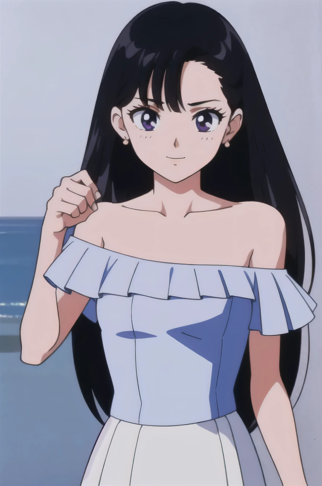 (retro anime girl:1.2), (white dress:1.1), (masterpiece:1.2), (best quality), (ultra detailed), (8k,4k), (half body:1.2), (cowboy:1.2), (close up:1.2), (highly detailed:1.2), (Ruffle Off-the-shoulder top:1.4), (Maxi skirt:1.4), Rei Hino, 1 girl, solo, Best quality, masterpiece, High Definition, Teenager, Purple Eyes, Beautiful Detail Eyes, Black Hair, Long Hair, Good hands at sides, Smile, Blushing, Bare Neck, Bare Arms, Bare Shoulders, short sleeve, Strapless, White Ruffle Off-the-Shoulder Top, White Off-the-shoulder Dress, White maxi dress, walking on the beach with bare feets, Background, blue skies, Close up,