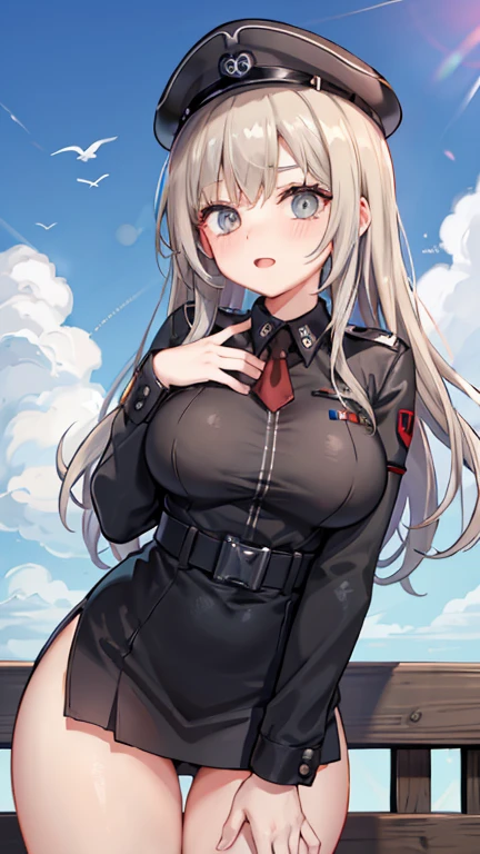 A girl who wears military clothes, brown heirs, big breasts, anime cartoon, german third reich,