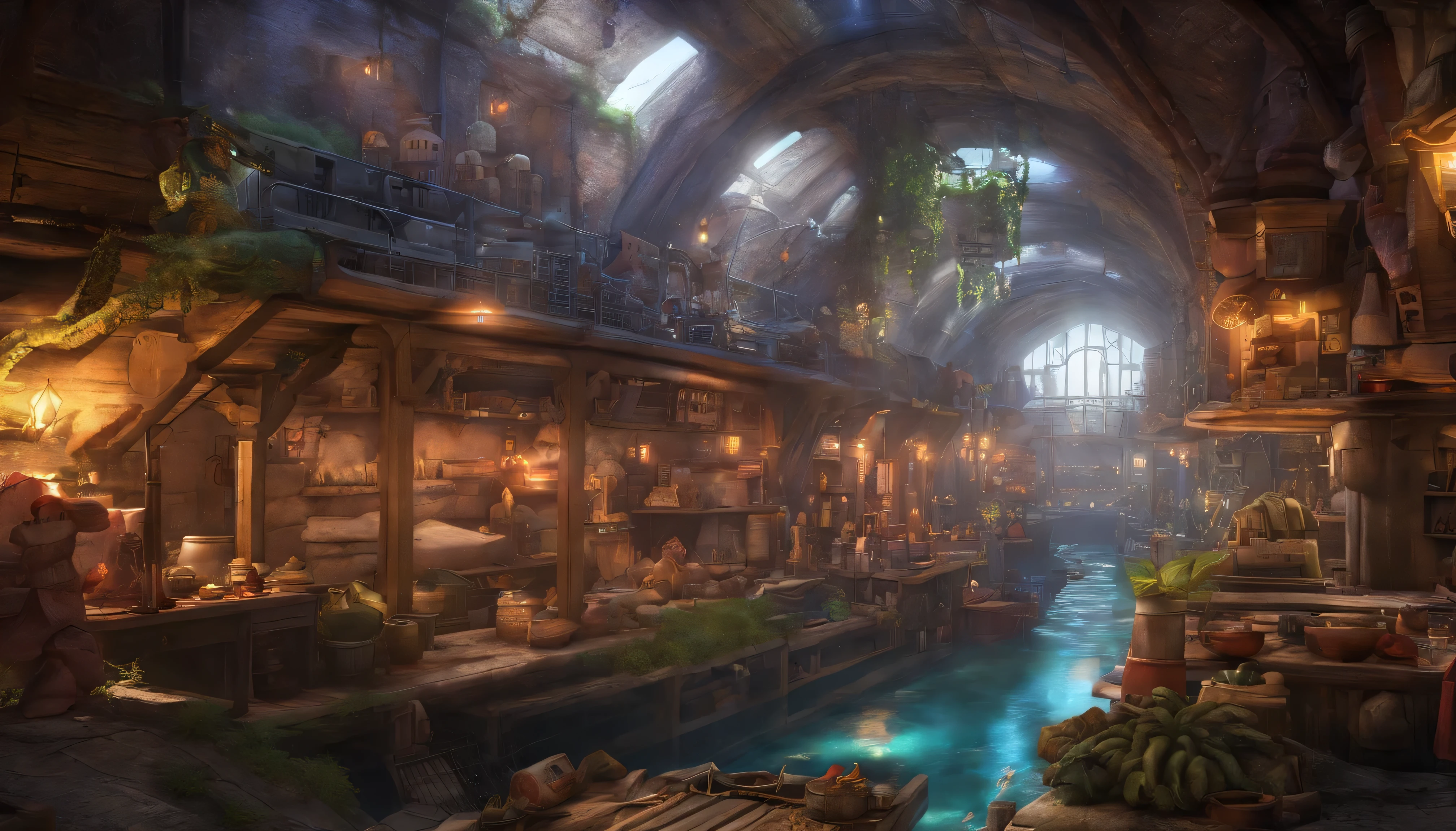 View from the roof of the house,underground city,Dwarf City,Amethyst on the ceiling,gold mine,Underground Mining City,Semi-steampunk and fantasy mix,Water pipes running through the city,(highest quality,4K,8k,High resolution,masterpiece:1.2),Very detailed,(Realistic,photoRealistic,photo-Realistic:1.37),Portraiture,landscape,Horror,anime,Science fiction,photograph,Concept Artist,Vibrant colors,Studio Lighting