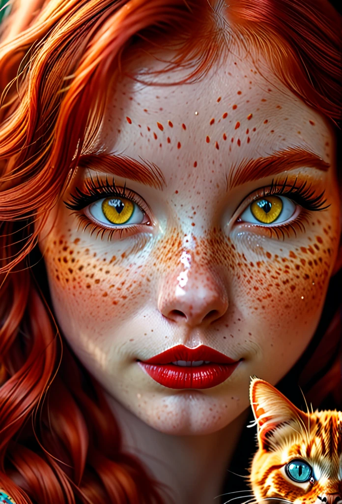 red-haired girl, red cat, ultra-detailed, (realistic, photorealistic:1.37), (best quality, 4k, 8k, highres, masterpiece:1.2), beautiful detailed eyes, beautiful detailed lips, extremely detailed eyes and face, longeyelashes, vivid colors, bokeh