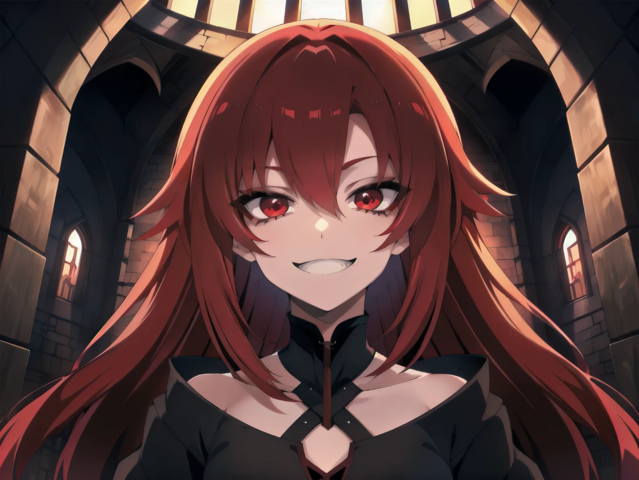 ((((long red hair)))), (((red eyes))), (((macabre smile))), (((macabre smile))), ((best quality)), (((black cloack))), (detailed), perfect face, ((style novel)), beautiful cores, ((anime_Colors)), ((in castle)), (Alone)