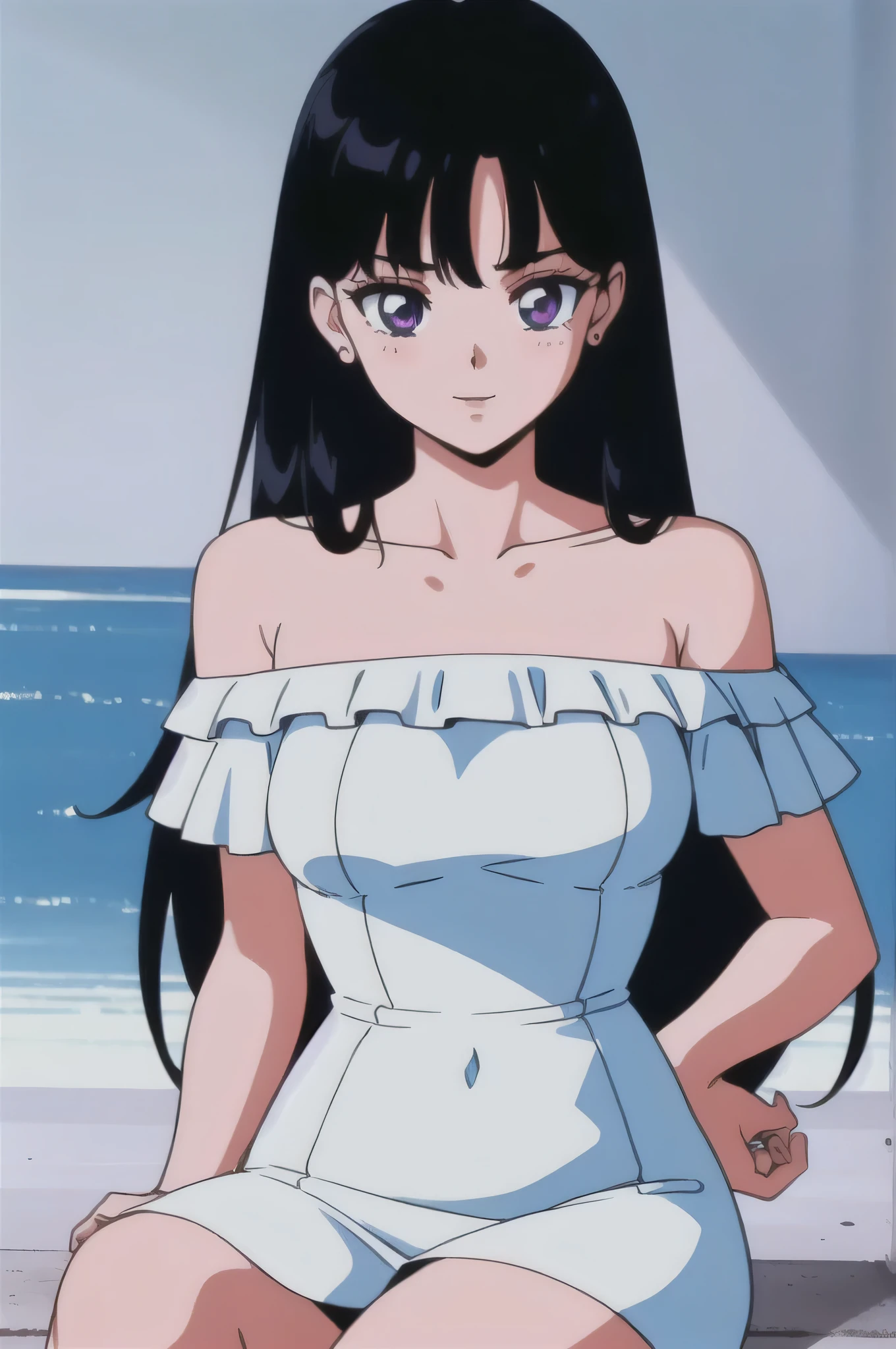 (retro anime girl:1.2), (white maxi dress:1.2), (masterpiece:1.2), (best quality), (ultra detailed), (8k,4k), (half body:1.2), (cowboy:1.2), (close up:1.2), (highly detailed:1.2), (Ruffle Off-the-shoulder top:1.2), Rei Hino, 1 girl, solo, Best quality, masterpiece, High Definition, r, Purple Eyes, Beautiful Detail Eyes, Black Hair, Long Hair, Good hands at sides, Smile, Blushing, Bare Neck, Bare Arms, Bare Shoulders, short sleeve, Strapless, White Ruffle Off-the-Shoulder Top, White Off-the-shoulder Dress, White maxi dress, walking on the beach with bare feets, Background, blue skies, Close up,
