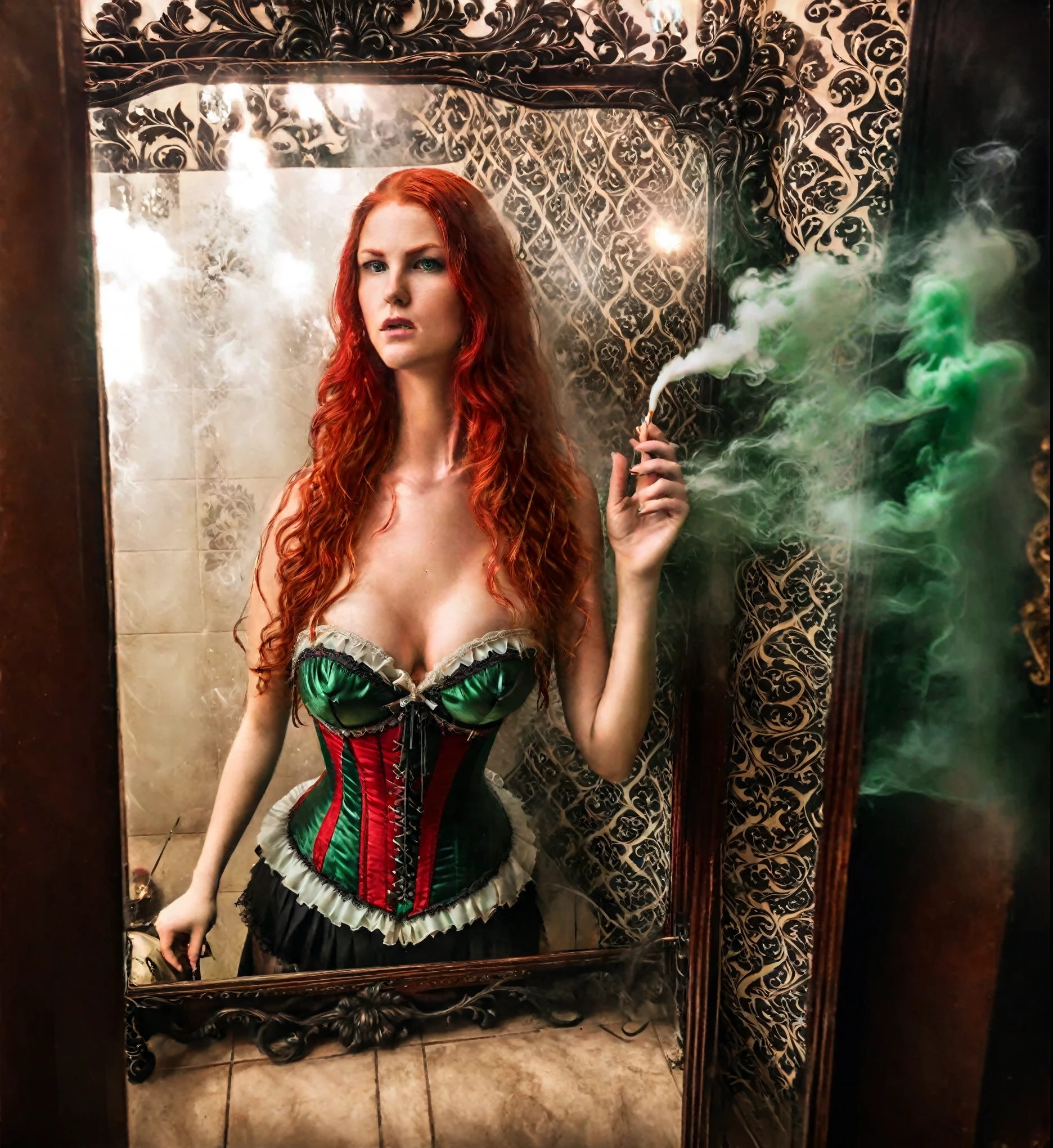A beautiful woman, long flowing red hair, green eyes, 38dd breasts, wearing a ((duotone [red and black] Victorian ornate corset)), looking into a mirror where she sees herself on fire with smoke and distortion as she is being pulled into an alternate dimension, her expression is scared and fighting back. Ultra realistic, ((vibrant colors)), sharp image, wide angle, ((full body shot))