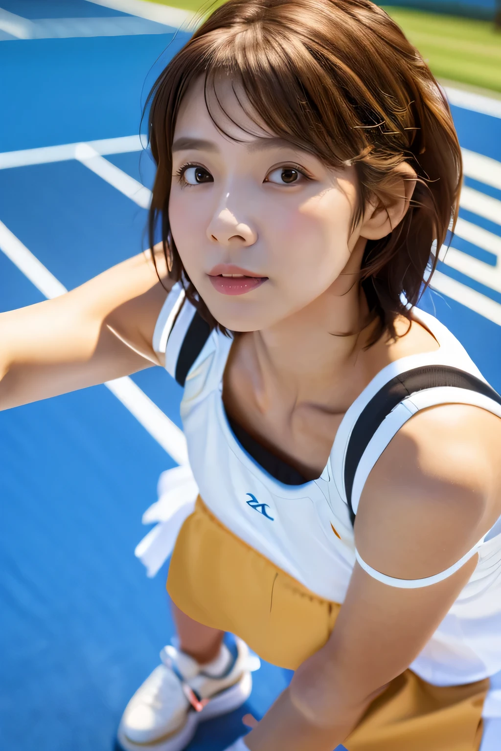 highest quality, Photorealistic, Very detailed, finely, High resolution, 8K Wallpaper, Professional, High level of detail, ((One 18 year old girl:1.2)), Slender Japanese women,cute lips, (Long eyelashes:1.2)、Detailed clavicle, Mid-chest、Perfect Face, (Cute short bob hair:1.5), Chestnut Hair、Cute face、(Tennis Wear:1.5)、(White sneakers:1.5)、(Full body pose on the tennis court:1.2)、perfect body style、((Complete head-to-toe coverage:1.5)、(Camera angle from below:1.5)、
