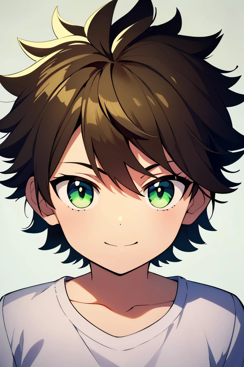 (high-quality, breathtaking),(expressive eyes, perfect face) 1boy, male, solo, , dark brown color hair, green eye color, spiky fluffy hair, wavy hair, short hair length, cute smile, cute face, childlike face, white and green shirt , Symmetrical Eyes, portrait, positive expression, grey background
