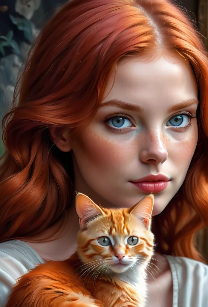 red-haired girl with a red cat, ultra detailed, best quality, masterpieces, photorealistic