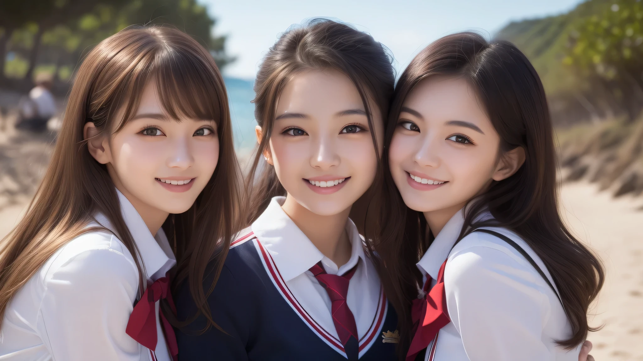 (3girl:1.2), (loosely curled hair:1.3). enchanting smile, (Best Quality:1.4), Realistic, extremely detailed CG unified 8k wallpaper, highly detailed, High-definition raw color photos, professional photography, Realistic portrait, Cinematic Light, Beautiful detailed, Beautiful breasts, (Fine face:1.2), Close up portrait of girl, (high school uniform:1.2), Outdoors, (beach), sun, day,