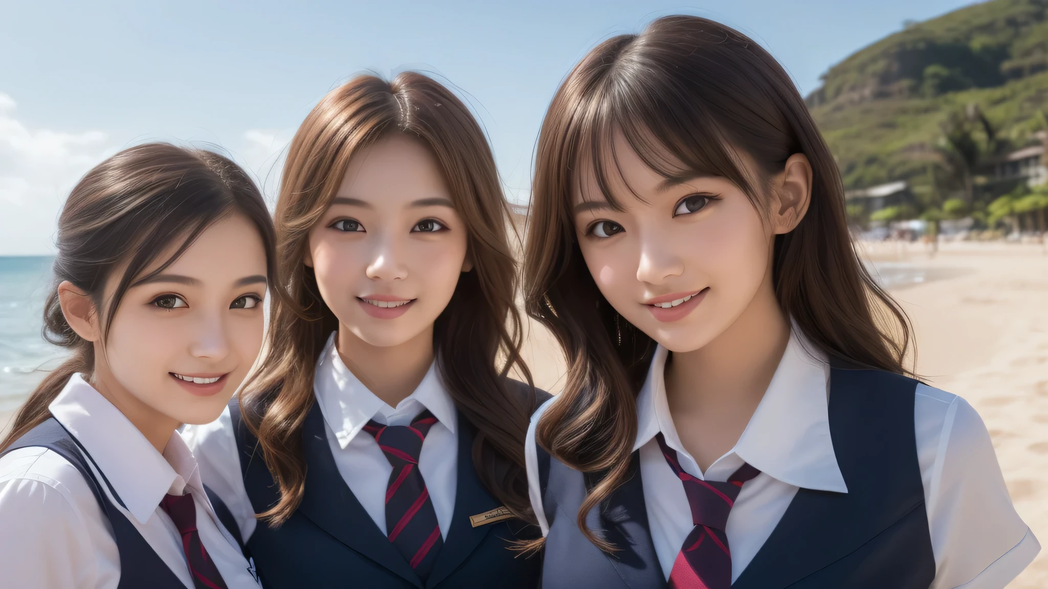 (3girl:1.2), (loosely curled hair:1.3). enchanting smile, (Best Quality:1.4), Realistic, extremely detailed CG unified 8k wallpaper, highly detailed, High-definition raw color photos, professional photography, Realistic portrait, Cinematic Light, Beautiful detailed, Beautiful breasts, (Fine face:1.2), Close up portrait of girl, (high school uniform:1.2), Outdoors, (beach), sun, day,