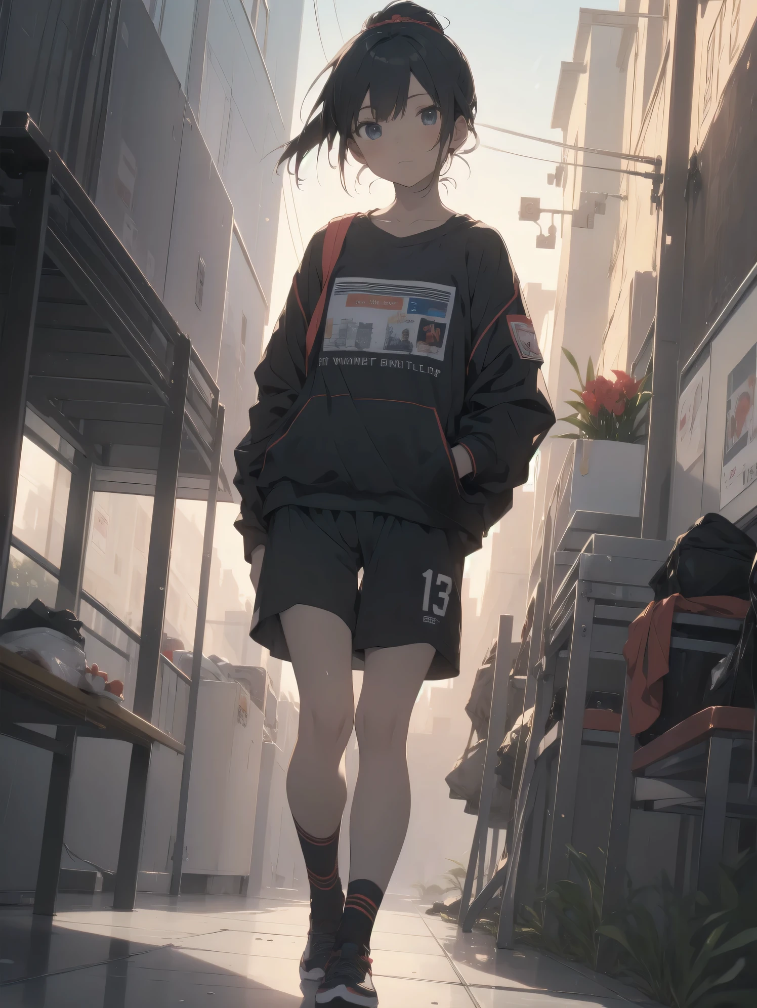 ultra-absurdres-Top quality by artist God, ultra-detailed, high resolution, anime moe artstyle, best anime 8k konachan wallpaper, pixiv contest winner,pool:2810, perfect anatomy,break, 1girl, (Please draw a girl walking to home alone. )break,(Solo,little female, 13-year-old:1.3),Full limbs, complete fingers, (very short hair), ponytail, flat chest, , small butt, small black eyes, beautiful detailed eyes, well-proportioned iris and pupils, expressive eyes, highres detailed hair, soft expression, school_gym uniform, official_alternate_costume,gym short shorts,(Detailed Lighting), (Detailed background), in the School commute route. break,super detailed skin, Best cinematic lighting powered by famous artist, 8k,beauty illustration,photoshop_(medium),very aesthetic,break,((artist:ido_(teketeke))), artist:bolze ,artist:oyari_ashito ,artist:kantoku ,