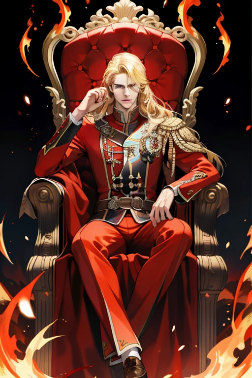(absurd, high resolution, ultra detailed), 1 man, adult, handsome, tall and muscular boy, broad shoulders, finely detailed eyes and detailed face, long blonde hair, red colored eyes, fantasy, magnificent background,shadow effect, throne, effect, flame