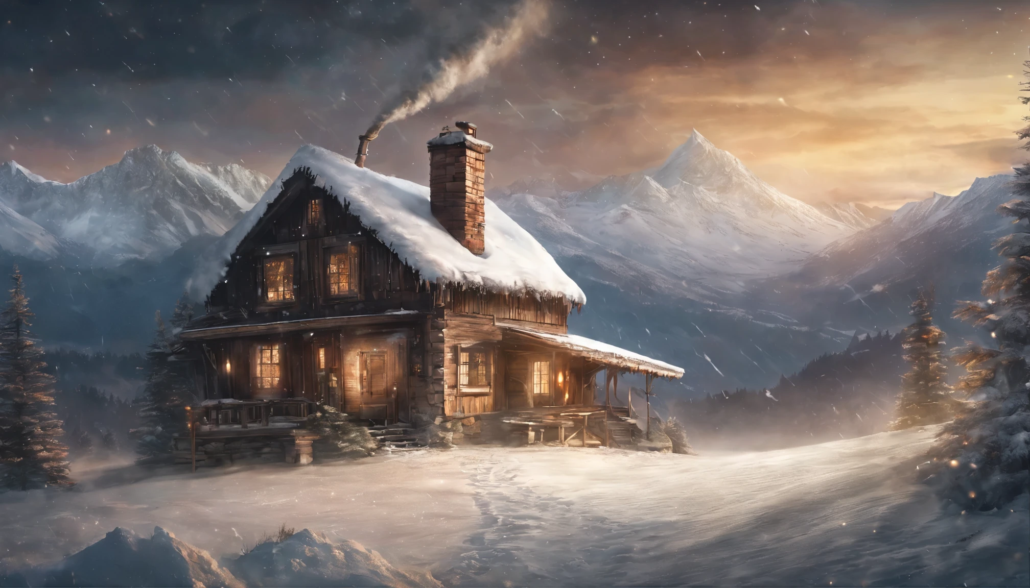 nowy mountains, a small house, smoke from the chimney, a few trees around, thick snow on the ground,Warm tones, snowflakes falling, starry sky