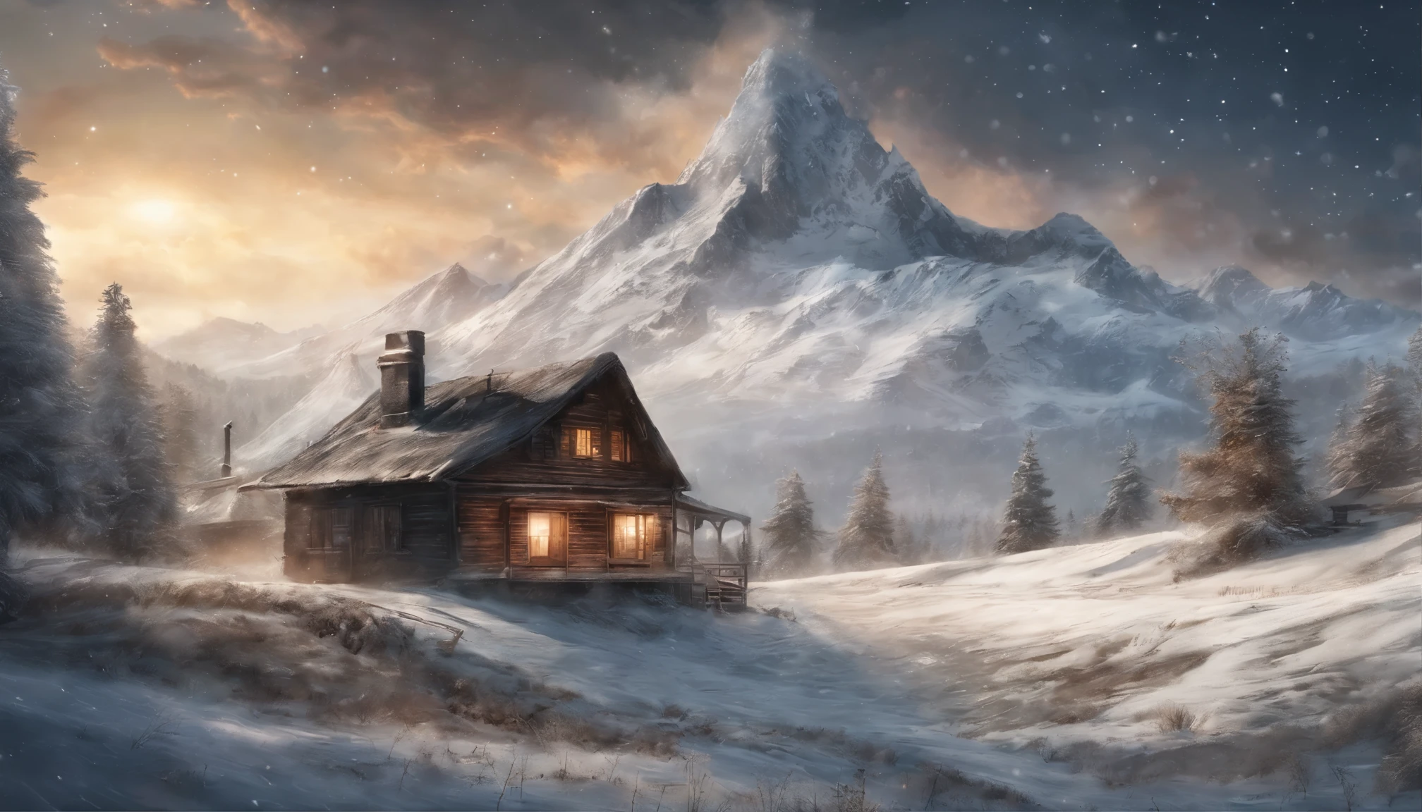 nowy mountains, a small house, smoke from the chimney, a few trees around, thick snow on the ground,Warm tones, snowflakes falling, starry sky