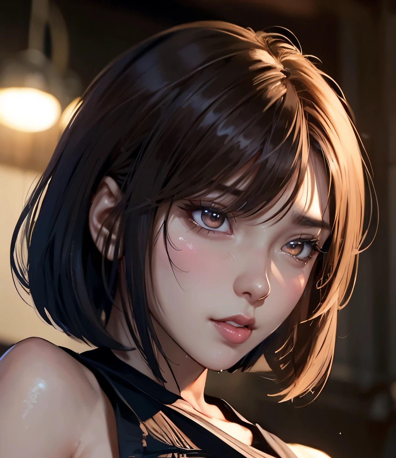 girl, side view, embarrassed face, bashful face, cry, ?????? face, feel ???????, look at viewer, beautiful eye, high detailed pupil, double eyelid, brown color hair, bob cut hair, high detailed real skin, high quality skin, sweaty skin, professional lighting, real shadow, masterpiece,