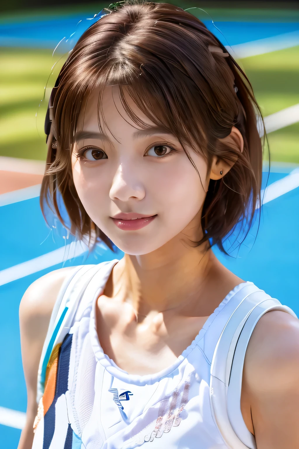 highest quality, Photorealistic, Very detailed, finely, High resolution, 8K Wallpaper, Professional, High level of detail, ((One 18 year old girl:1.2)), Slender Japanese women,cute lips, (Long eyelashes:1.2)、Detailed clavicle, Mid-chest、Perfect Face, (Cute short bob hair:1.5), Chestnut Hair、Cute face、(Tennis Wear:1.5)、(White sneakers:1.5)、(Full body pose on the tennis court:1.2)、perfect body style、((Complete head-to-toe coverage:1.5)、(Camera angle taken from below:1.5)、
