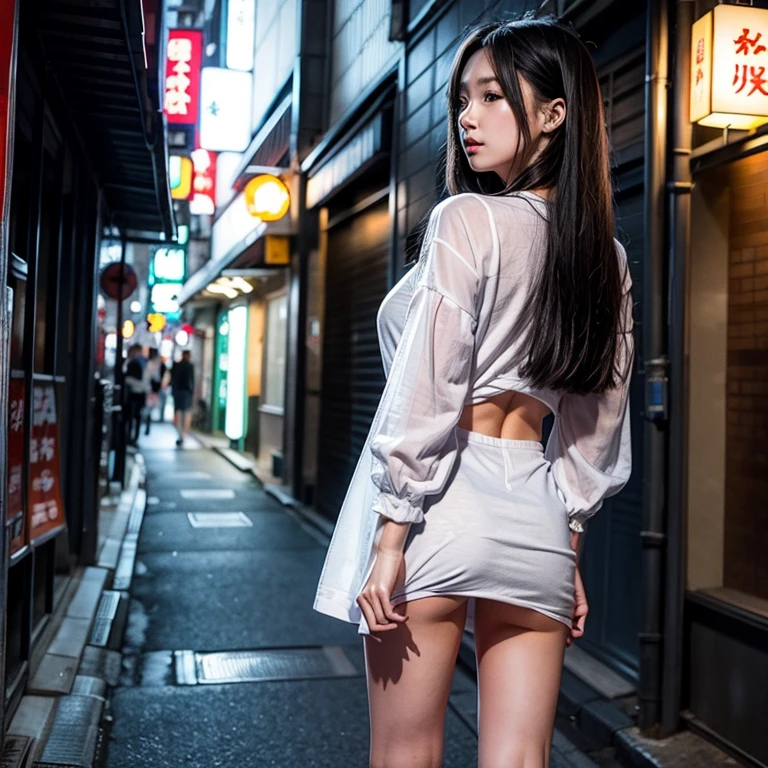 Beautiful Japanese woman,
age 20,
height 160cm,
standard build,
long hair,
standing,
clothes made of thin material,
clothes made of transparent material,
skirt hem 15cm above the knee,
skirt is see-through,
panties visible through,
black panties,
turning up the hem of her own skirt,
striking a cute pose,
Tokyo street corner,
back alley,
summer,
night,