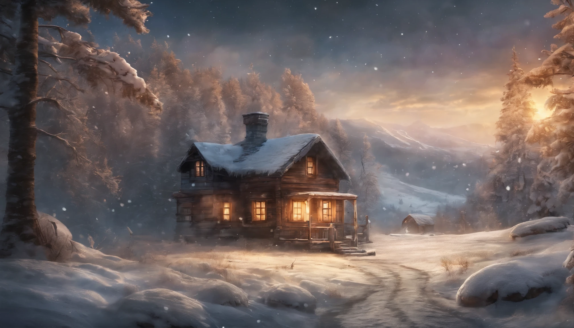 nowy mountains, a small house, smoke from the chimney, a few trees around, thick snow on the ground,Warm tones, snowflakes falling, starry sky