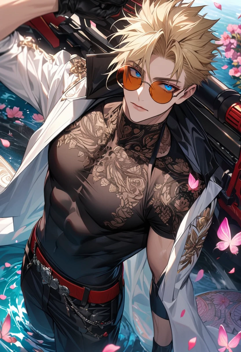 Ultra detailed, Highres, absurdres, Vash Stampede, blond hair, blue eyes, amber round sunglasses, white long coat with patterns, Trigun, pink flowers, petals, extremely handsome, sexy man, toned chest, solo, very detailed eyes and face, black gloves, water, black pants, pink butterflies, black tight t-shirt,
