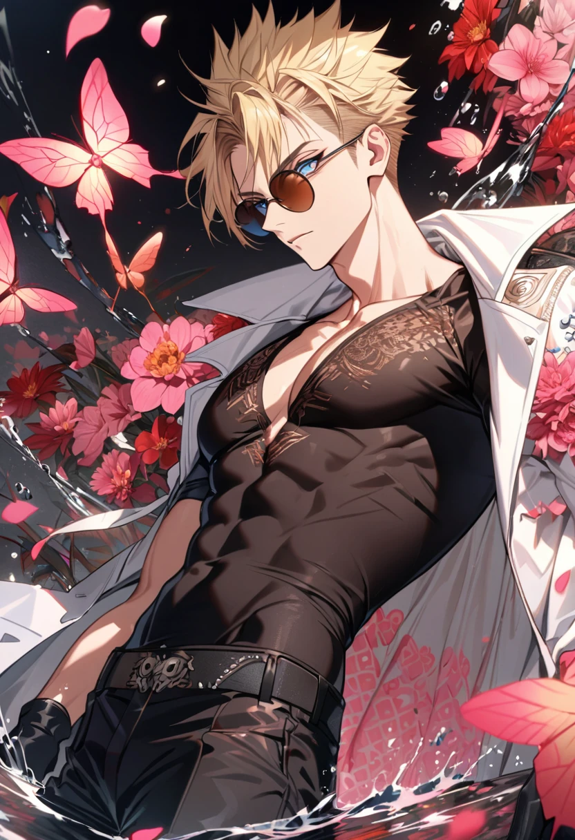Ultra detailed, Highres, absurdres, Vash Stampede, blond hair, blue eyes, amber round sunglasses, white long coat with patterns, Trigun, pink flowers, petals, extremely handsome, sexy man, toned chest, solo, very detailed eyes and face, black gloves, water, black pants, pink butterflies, black tight t-shirt,