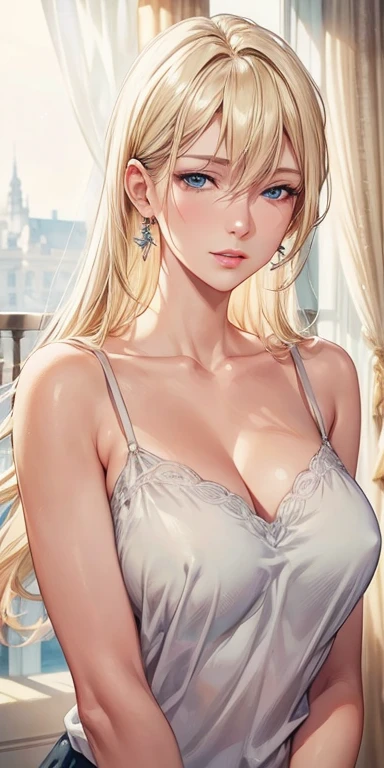 Portraiture, Realistic, Elegant mature woman, blue eyes, Blonde, big breasts, 4K resolution, Beautiful CG, Soft Light