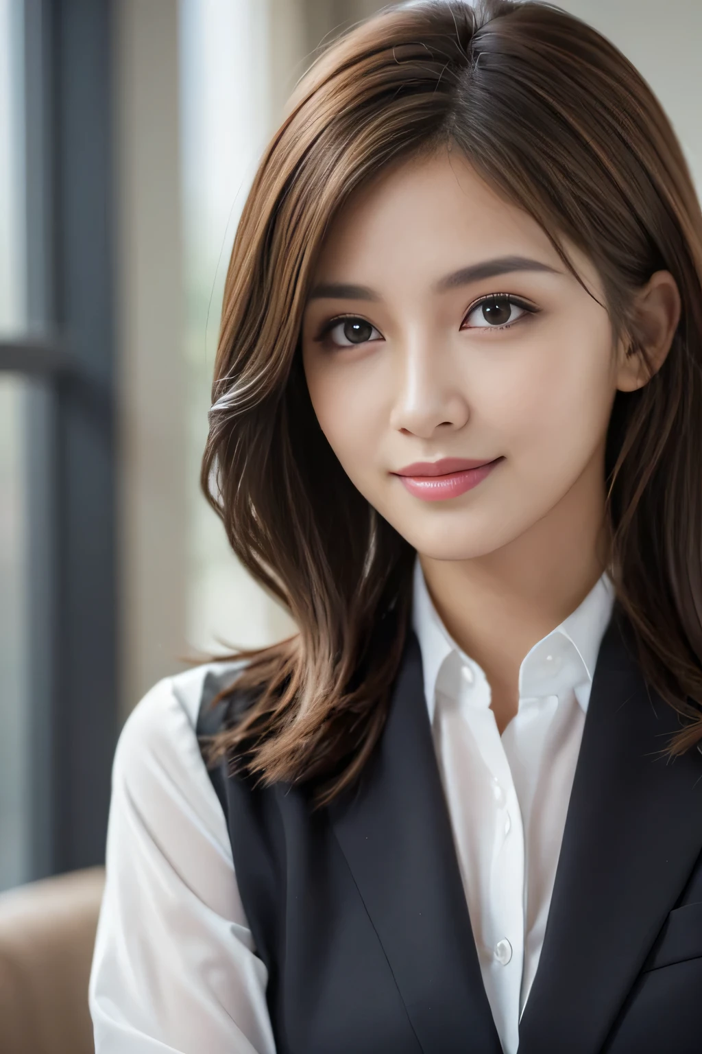 Tabletop, highest quality, Realistic, Very detailed, finely, High resolution, 8k wallpaper, One beautiful woman,, Light brown messy hair, Wear a business suit, Sharp focus, Perfect dynamic composition, Finely beautiful eyes, Thin Hair, Detailed and Realistic skin texture, smile, Close-up portrait, Model Body Type
