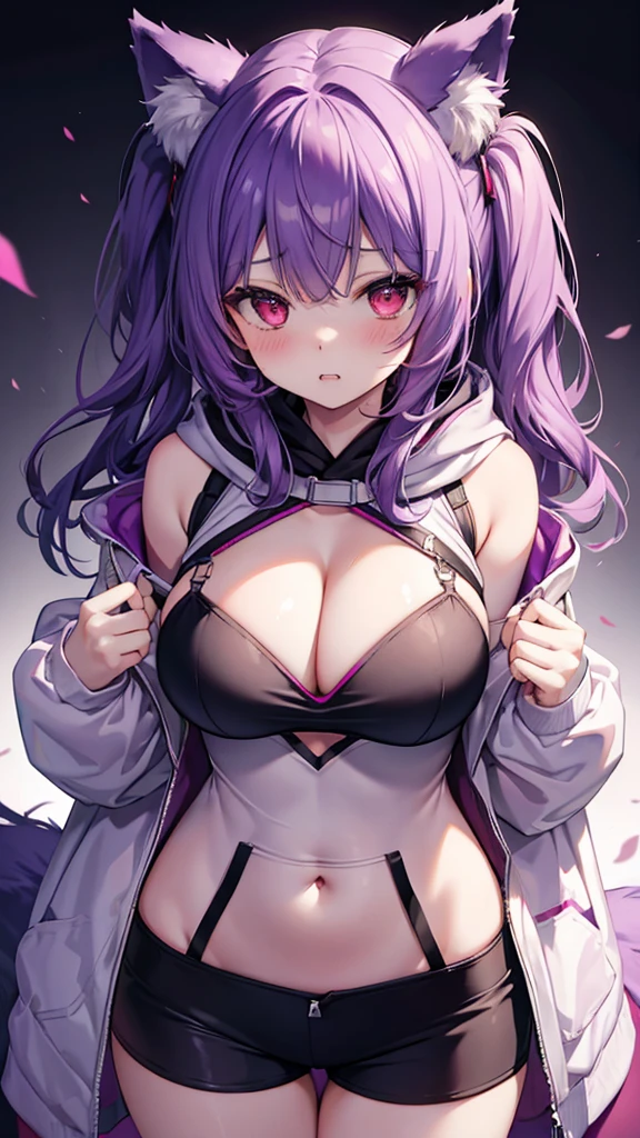 Wolf Girl, Big Breasts, Voluminous purple hair, masterpiece , Red eyes、Double teeth、tooth、Blushed cheeks、 hd, Head to Chest, buried in my chest、Underbust、Cleavage、hoodie、hot pants