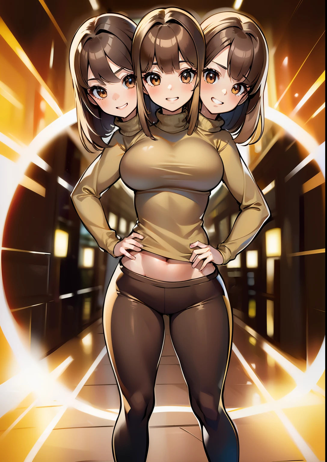 (masterpiece),(ultra-detailed), (high quality), (high resolution), (best quality:1.5, highres, UHD), highres, absurdo, ultra detail, ultra quality, Ultra resolution, 16k, 1girl, (2heads:1.5), anime girl with two heads, ((light brown hair)), ((different hair colors)), grin, (sports pants), (exposed midriff), thighs, ((action posture)), (brown turtleneck shirt), ((different hairstyles)), different haircuts, gray eyes, field 