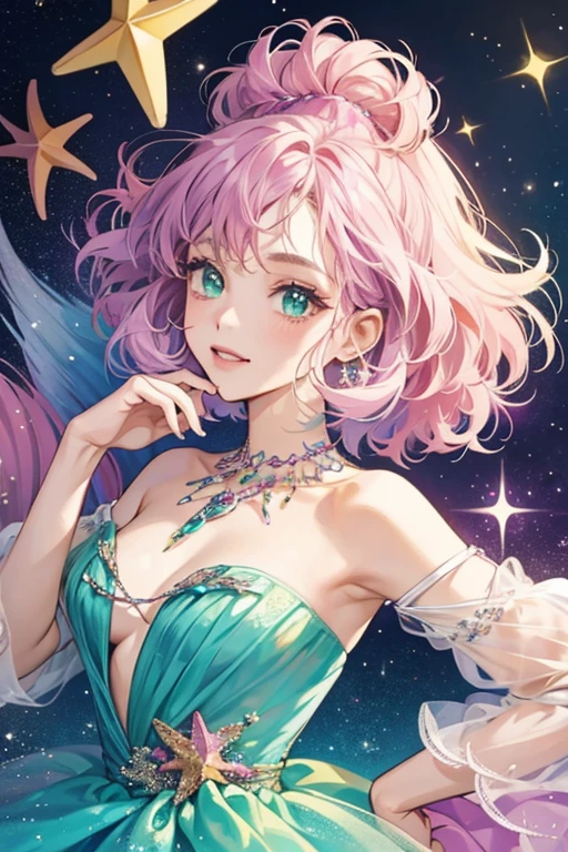 She has light purple hair that styles in a afro and wears a bright teal green dress. She is a slightly brighter pink than other starfish seen in the series.  SPARKLE; GLITTER