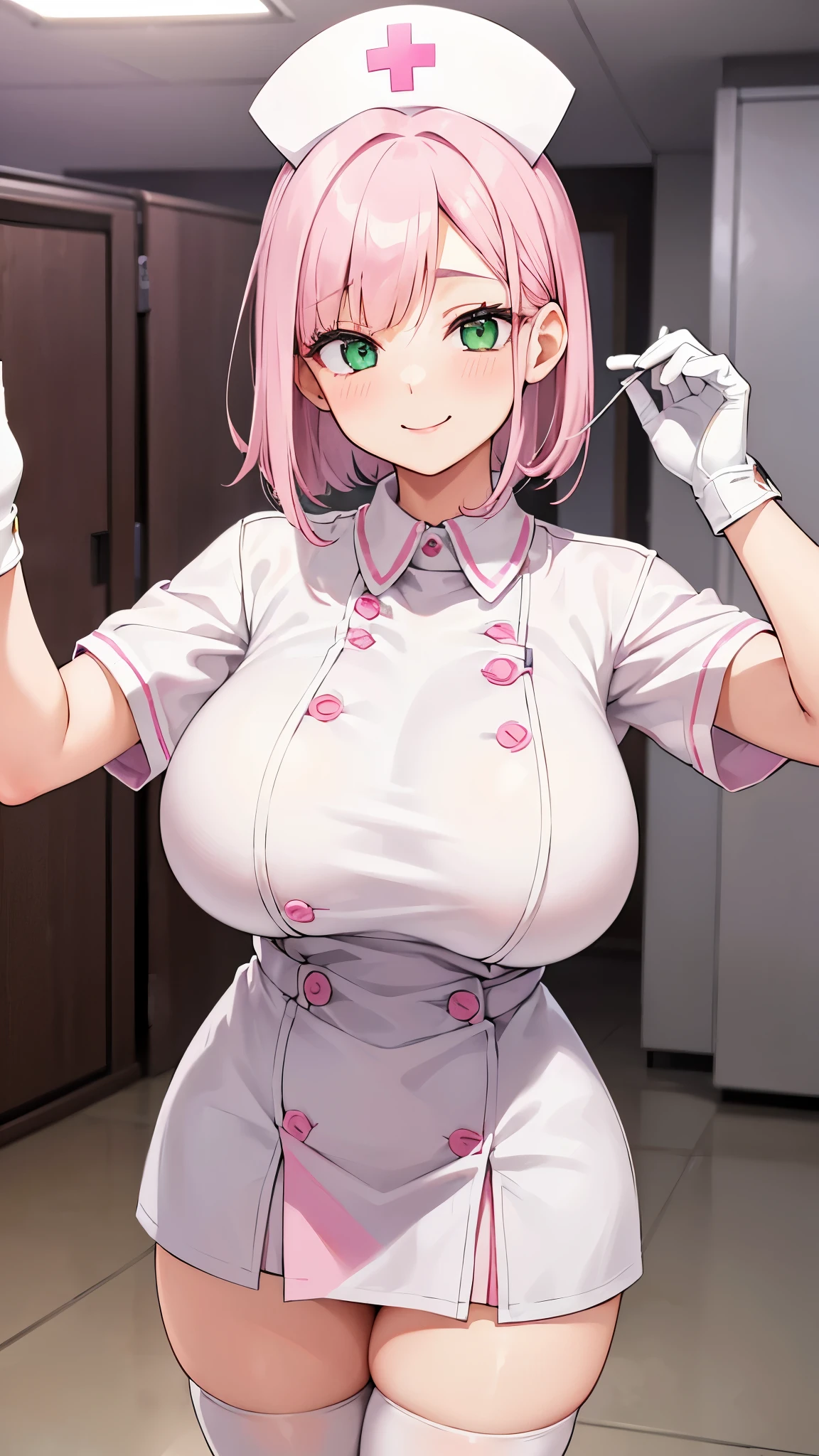 1 Female, alone, nurse, nurse cap, White, ((White legwear, zettai ryouiki)), White gloves, Pink Hair, Green Eyes, Droopy eyes, Pink Lips, smile, Are standing, ((Hospital room)), Sharp contours, Short sleeve, Mature Woman, 32 years old, (((Bust size is I cup))),highest quality, masterpiece