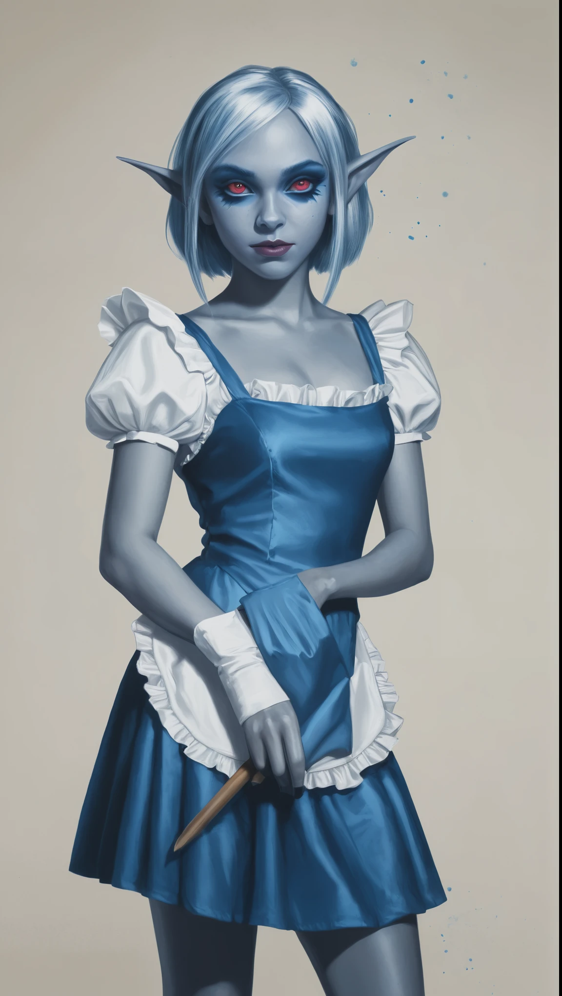 An illustrated movie poster, hand-drawn, full color, a young drow girl, drow elf, wearing a maid mini-dress, blue skin, blue complexion, pointy elf ears, ruby eyes, dark hair, shaggy bob, posing like a model, hard shadows, graphite shading, stencil marks, airbrushed acrylic paint, masterpiece, in the style of Rockstar Games