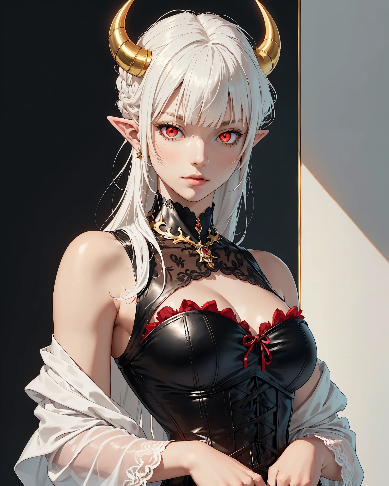 (best quality, ultra detailed), work of art, high resolution, (exquisite body), (milky skin), 4k, official art, Character design, Original art character design, The character is an adult woman with fair skin and in her 20s, perfect body and medium breasts, (((has long white hair with bangs))), (((the character has glowing red eyes))), (((the character has long and pointy ears, She has a pair of black horns))), ((((she wears an 18th century-style medieval princess dress in red, decorated with white lace and golden arabesque, with a black leather corset over the dress)))), she wears a long black wool cloak with a black fur collar covering her shoulders, she wears black satin gloves, she also wears a black choker adorned in gold and ruby, the character is standing and facing the viewer, confident pose with your left hand on your waist and your right hand close to your face, she has a seductive and confident expression, a beautiful and delicate face, anime style, RPG character image, ((blank background, empty))