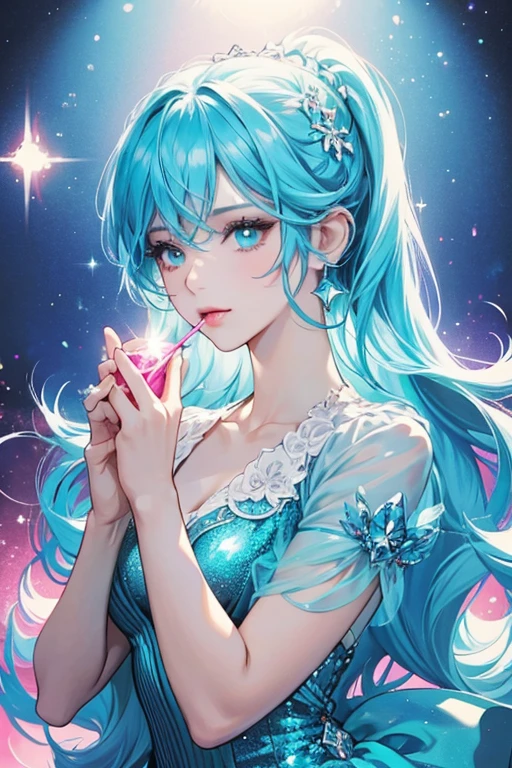 Jennifer is a cyan with a slightly dark pink mouth . SPARKLE; GLITTER