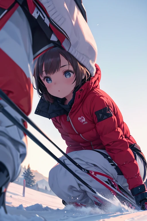 1 girl，(Ski, sledge, Snow Explosion),Raw Edge Red Down Jacket， Action Shots, Light-colored clothing，Light of the sun, Wide angle,Perfect Action，The perfect angle， (end:1.3) 8k, f2.8, RAW Photos, Super detailed, Real Life，Bokeh，32k，