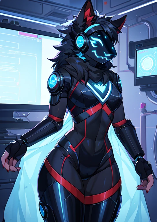 Solo, a red and black protogen, female, intricately designed cybernetic implants, tall, skinny, thick thighs, standing in a dark laboratory, illuminated body parts, by hyattlen, by fumiko, by claweddrip, posing seductively, realistic