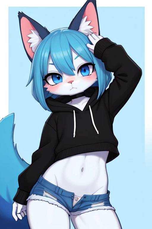 **Nombre del Personaje**: Max
**Especies**: anthropomorphic / Furry gato
**Pelaje**: Azul brillante azul fuerte  con acentos oscuros y amarillos
**expression**: Playful and energetic
**Vestimenta**: Sudadera amarilla  y negra y shorts negros
**Postura**: Completa, mostrando todo el cuerpo hombre,sexy
