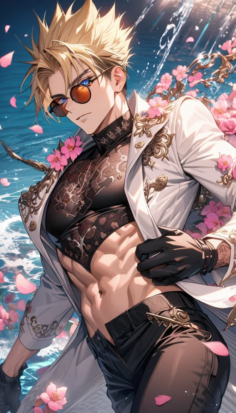 Ultra detailed, Highres, absurdres, Vash Stampede, blond hair, blue eyes, amber round sunglasses, white long coat with patterns, Trigun, pink flowers, petals, extremely handsome, sexy man, toned chest, solo, very detailed eyes and face, black gloves, water, black pants, pink butterflies, black tight t-shirt,