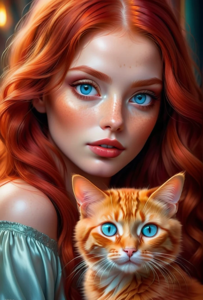 red-haired girl with a red cat, ultra-detailed, best quality, masterpieces, photorealistic, vivid colors, concept artists, beautiful detailed eyes, beautiful detailed lips, extremely detailed eyes and face, long eyelashes, shiny red hair, delicate features, vibrant background, soft lighting.