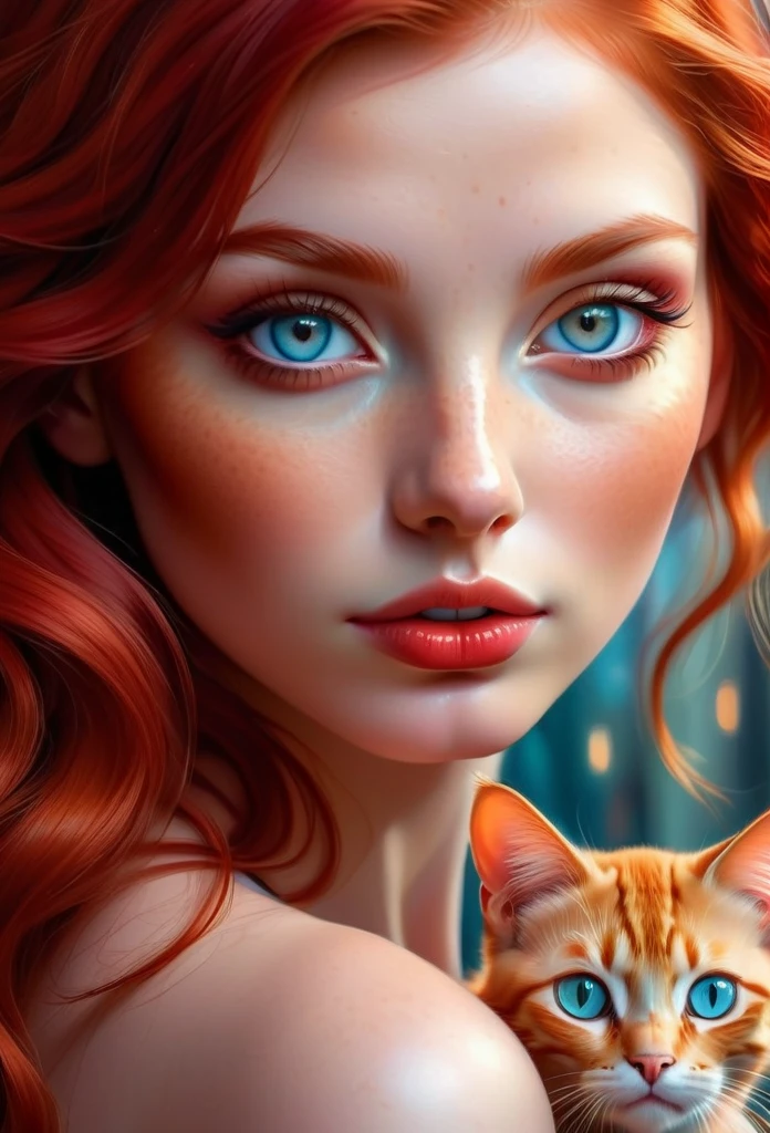 red-haired girl with a red cat, ultra-detailed, best quality, masterpieces, photorealistic, vivid colors, concept artists, beautiful detailed eyes, beautiful detailed lips, extremely detailed eyes and face, long eyelashes, shiny red hair, delicate features, vibrant background, soft lighting.