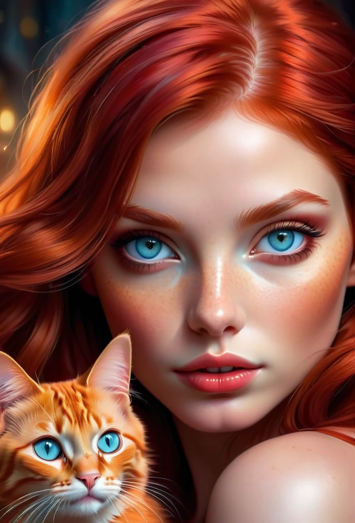 red-haired girl with a red cat, ultra-detailed, best quality, masterpieces, photorealistic, vivid colors, concept artists, beautiful detailed eyes, beautiful detailed lips, extremely detailed eyes and face, long eyelashes, shiny red hair, delicate features, vibrant background, soft lighting.