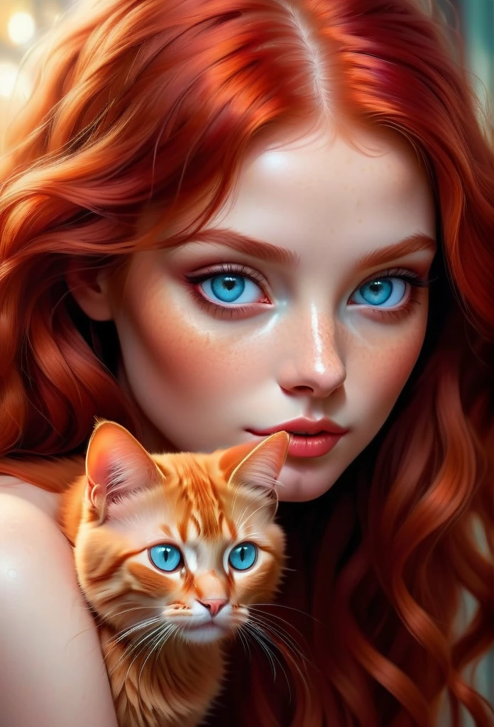 red-haired girl with a red cat, ultra-detailed, best quality, masterpieces, photorealistic, vivid colors, concept artists, beautiful detailed eyes, beautiful detailed lips, extremely detailed eyes and face, long eyelashes, shiny red hair, delicate features, vibrant background, soft lighting.