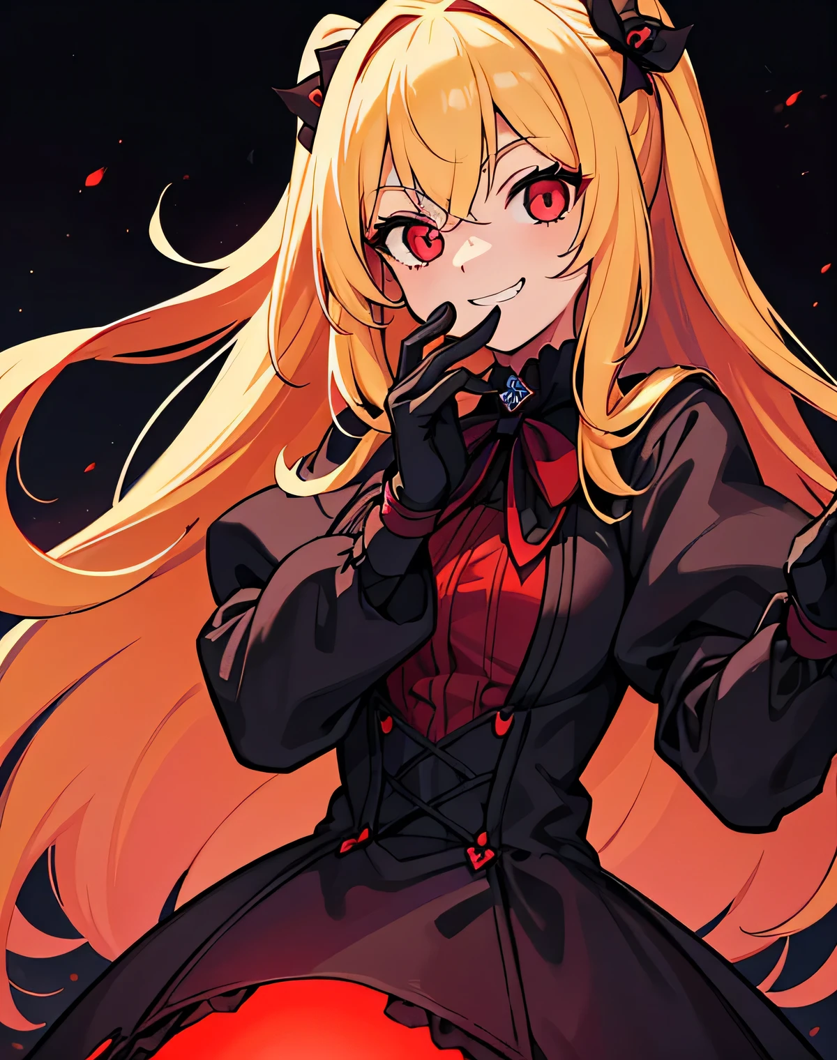 Illustration of a girl smiling mischievously. She has long blonde hair and glowing red eyes. She has double teeth in her mouth. She is wearing a black gothic ta outfit. The background is a dark night sky, faintly red.