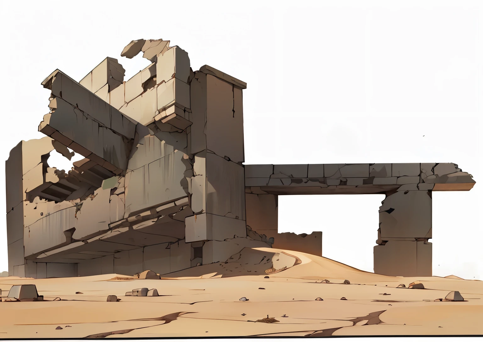 there is a photo of a desert with a building in the background, templo do deserto, huge giant ancient ruins, destroyed buildings, paisagem urbana arruinada, The background is the ruins, desert environment, Temple in ruins, sand and desert environment, Crumbling ruins, arquitetura arruinada, ruined alien structures, estruturas de tumbas gigantes, ruins in background, futuristic ruins, arte conceitual, arte conceitual
