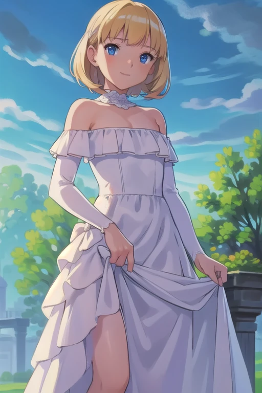 masterpiece, best quality, highres, outdoors, small breasts, 1 girl, Solo, Blue Eyes, Beautiful Detail Eyes, best lighting. Blonde Medium Hair, Short Hair, Bangs, Good hands are down, Smile, Blushing, Bare Neck, Bare Shoulders, strapless, White Ruffle Off-the-Shoulder maxi dress. Standing up. Cowboy shot. A landscape of blue skies, a garden, trees, fields, and a mansion. In the center.